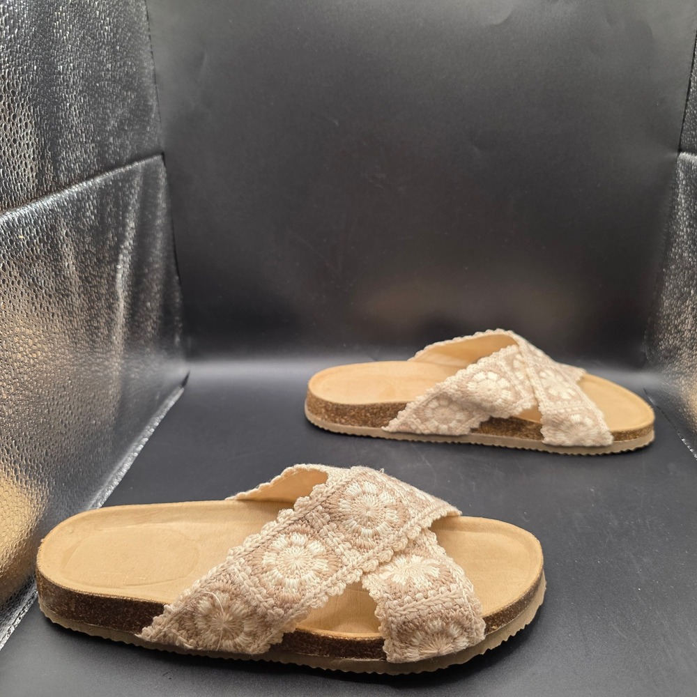 Haute Hippie Crochet Floral Crisscross Slide Sandals Tan Cream Boho Summer 8.5M - Picture 9 of 9